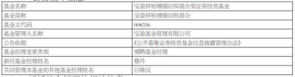 宝盈基金2只混基增聘基金经理蔡丹