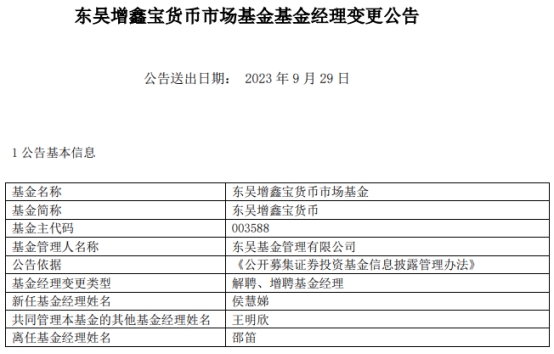 东吴增鑫宝货币增聘基金经理侯慧娣 邵笛离任