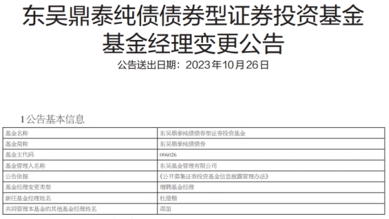 东吴鼎泰纯债债券增聘基金经理杜澄楷