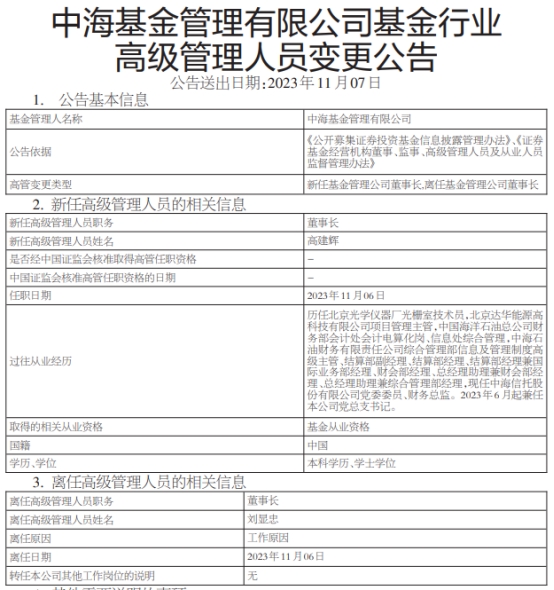 中海基金董事长刘显忠离任 高建辉接任