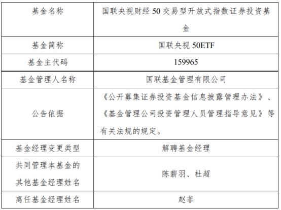 国联基金赵菲离任6只基金