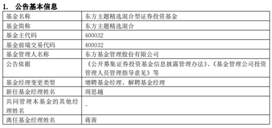 东方主题精选混合增聘基金经理周思越 蒋茜离任