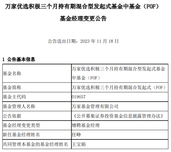 万家优选积极三个月持有期混合发起增聘基金经理任峥