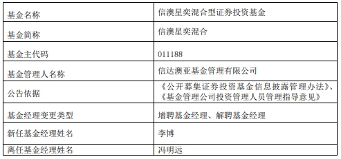 冯明远离任信澳科技创新一年定开混合信澳星奕混合