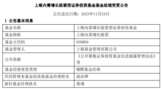 上银内需增长股票增聘基金经理黄璜